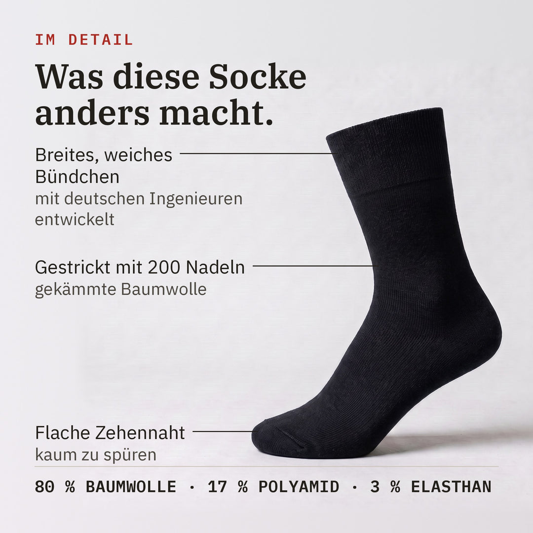 Dr. Füss Klassik — Schwarz — Was diese Socke anders macht: Bund, Gestrick, Zehennaht