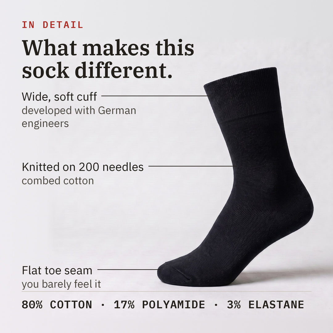 Dr. Füss Classic — Black — What makes this sock different: the cuff, the knit, the toe seam